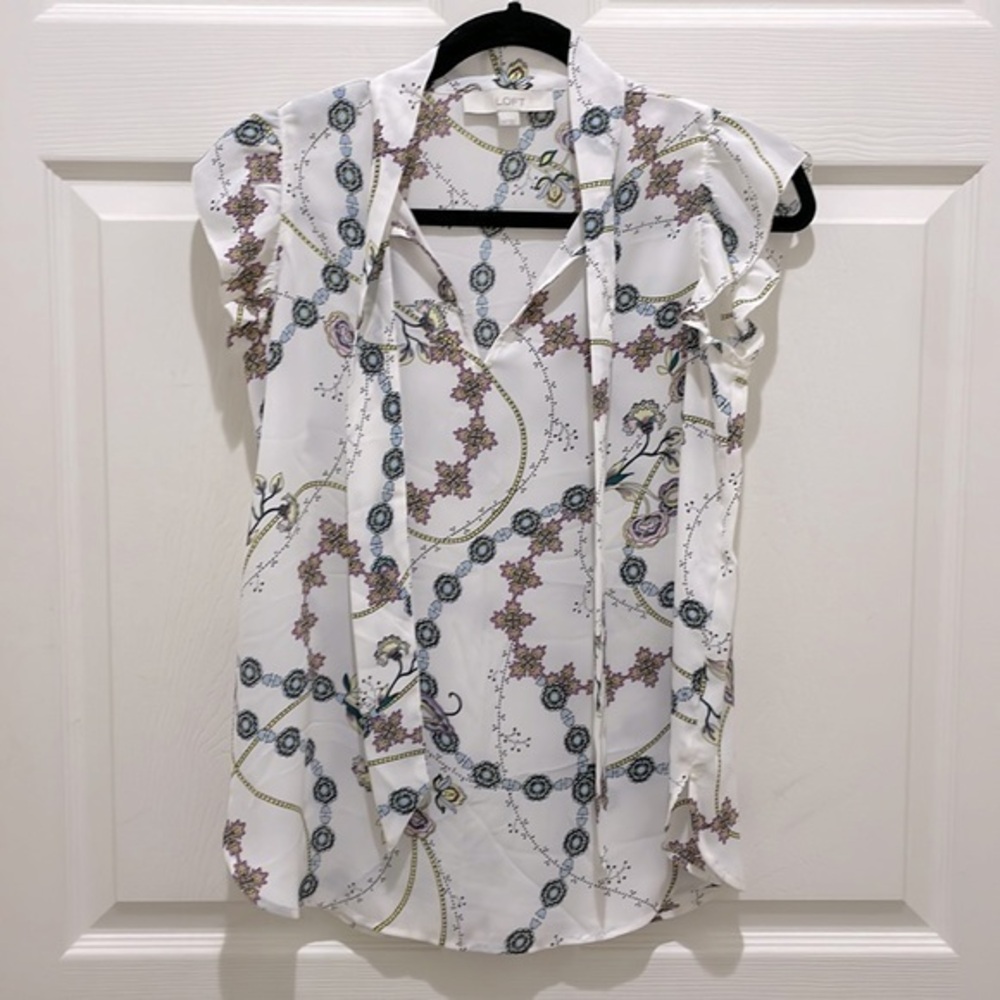 Loft White & Purple Floral V-Neck Tie Flutter Sleeve Curve Hem Blouse